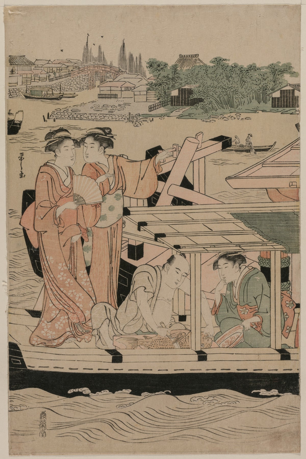 Leftmost Print from Pleasure Boats on the Sumida River beneath Shin-Ōhashi Bridge — Chōbunsai Eishi (c. 1792)