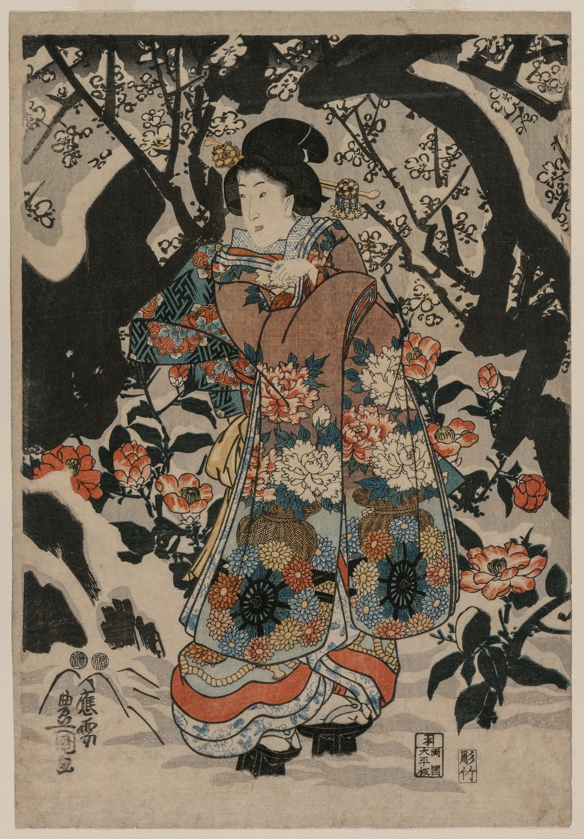Woman Standing Beside a Plum Tree — Utagawa Kunisada (c. 1850)