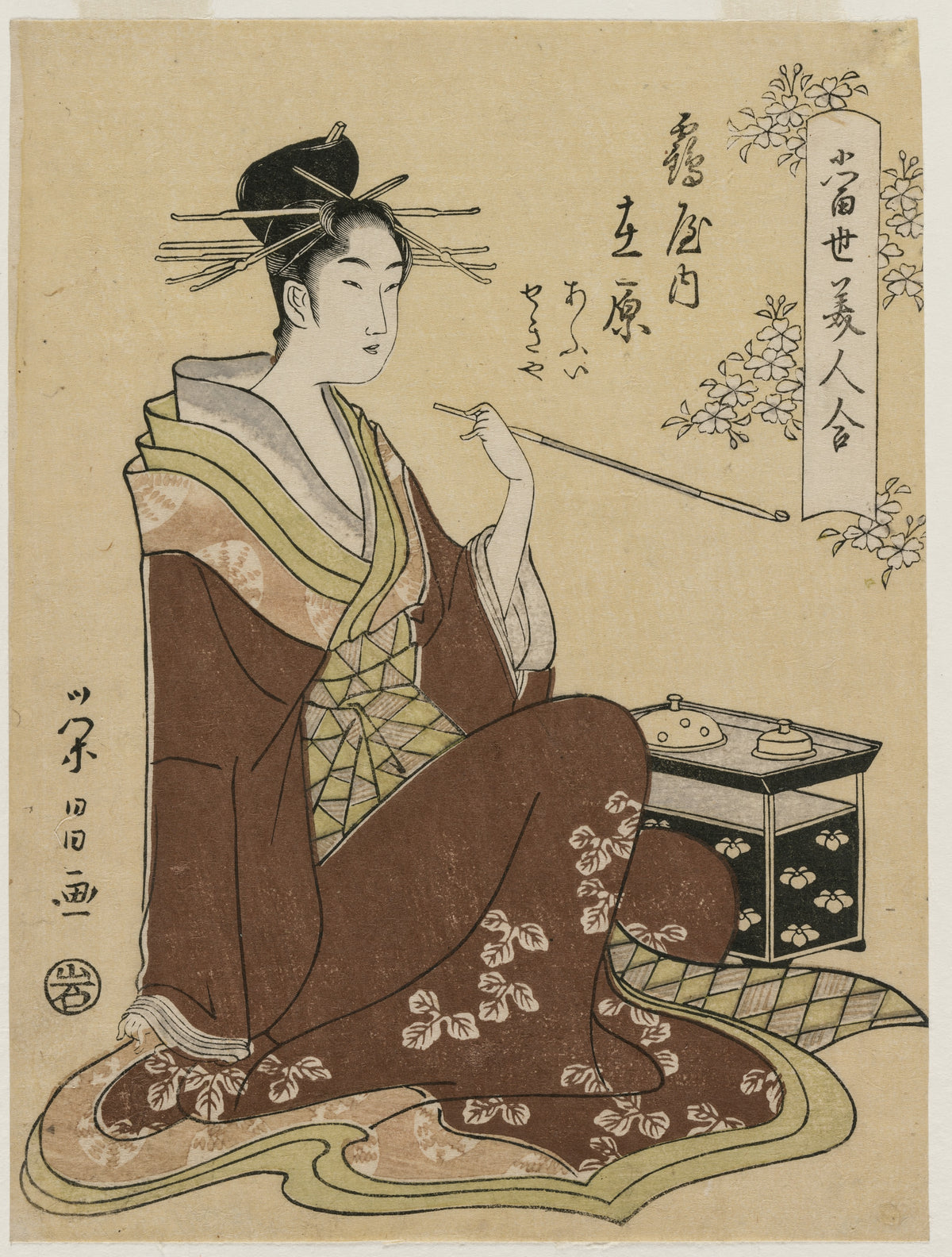 The Courtesan Ariwara of the Tsuruya Seated by a Smoking Chest (From the series A Collection of Modern Beauties) — Chōbunsai Eishi (mid 1790s)
