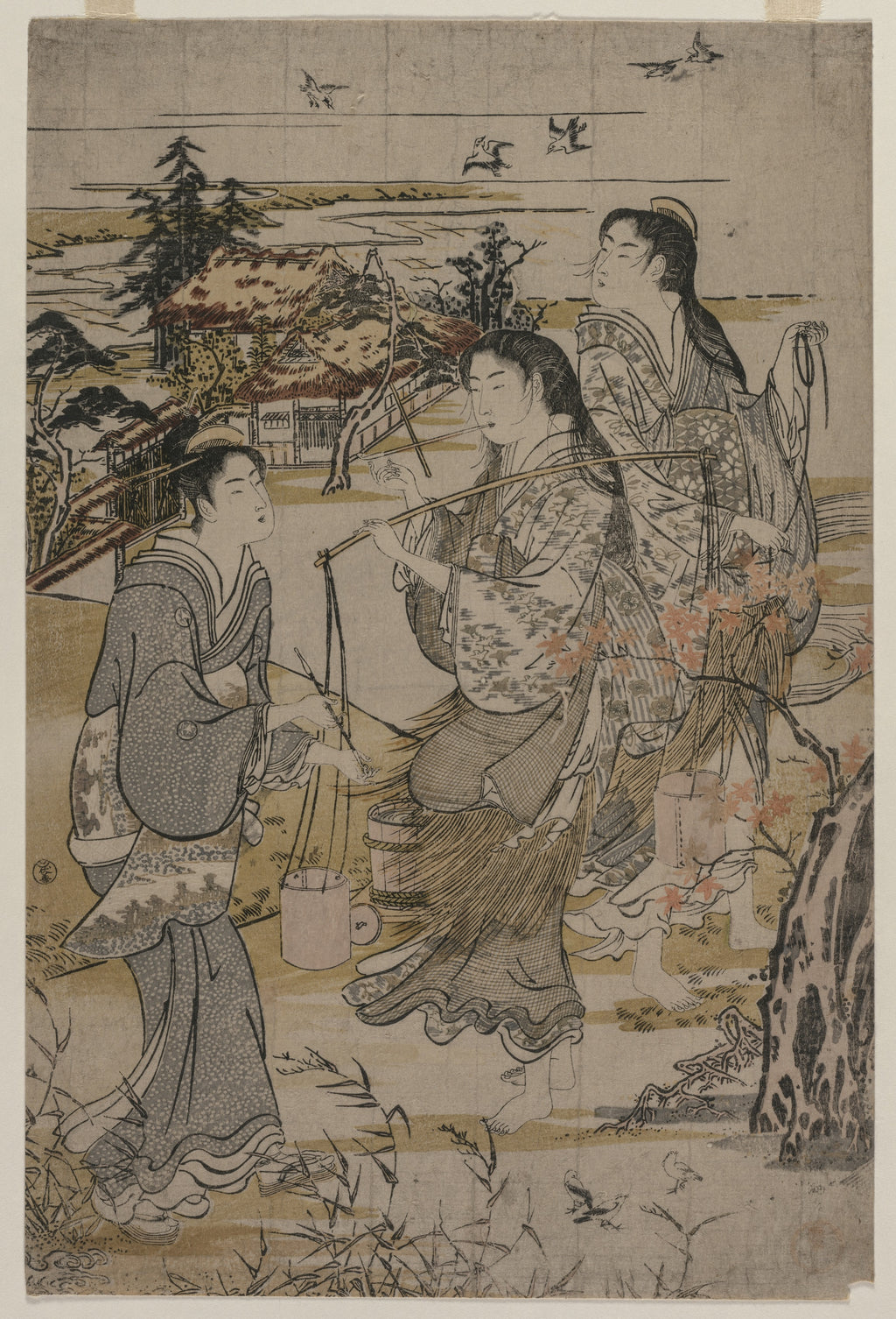 Women with Salt Pails; The Noda Tama River in Mutsu Province, from an untitled series of the Six Tama Rivers — Kubo Shunman (late 1780s)