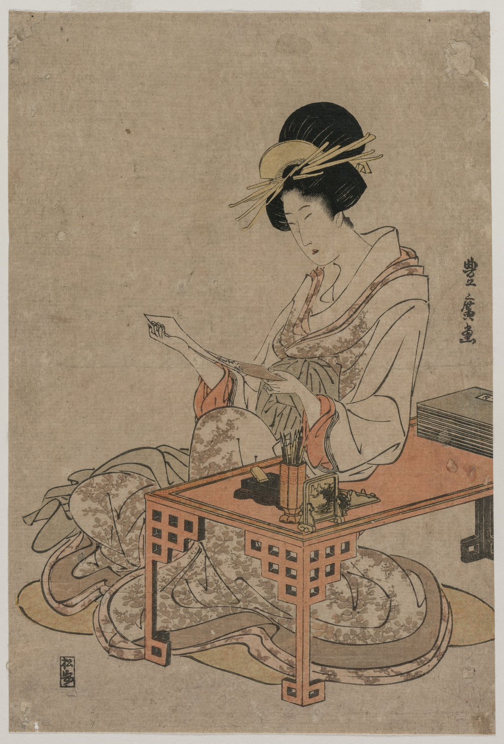 Courtesan Seated at a Writing Table — Utagawa Toyohiro (c. late 1790s)