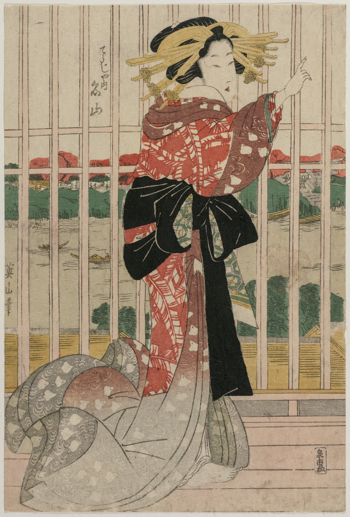 The Courtesan Meizan of the Chojiya on a Balcony Overlooking the Sumida River — Kikukawa Eizan (ca. early or mid 1820s)