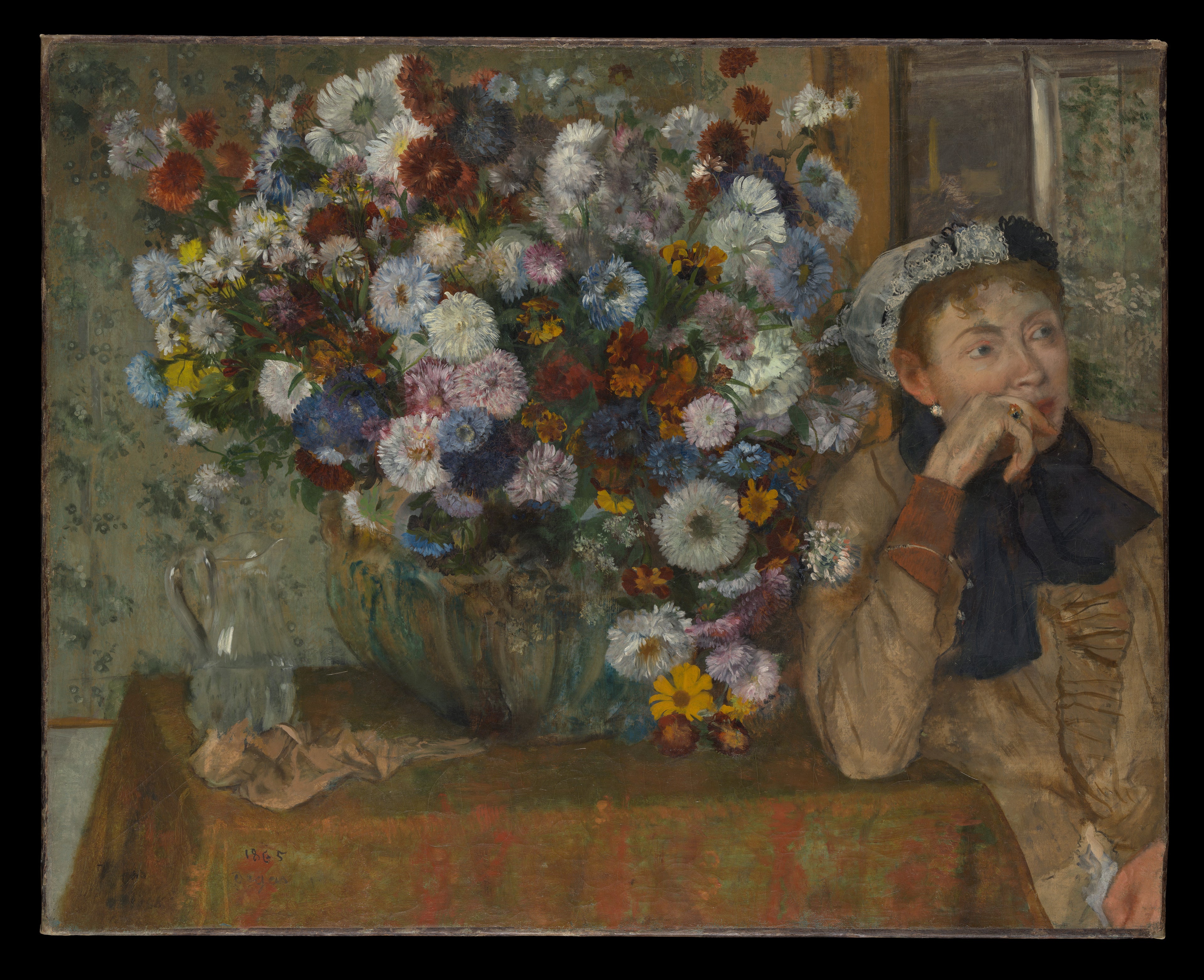 A Woman Seated beside a Vase of Flowers — Edgar Degas (1865)