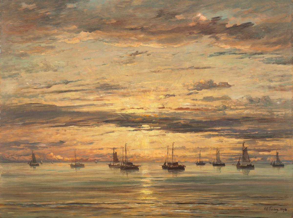 Sunset at Scheveningen:  A Fleet of Fishing Vessels at Anchor — Hendrik Willem Mesdag (1894)