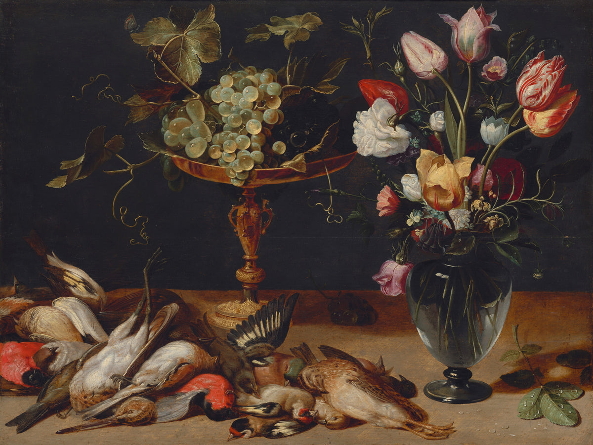 Still Life with Flowers, Grapes, and Small Game Birds — Frans Snyders (c. 1615)