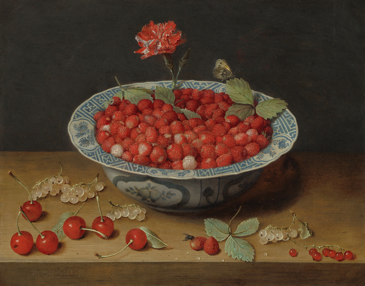 Wild Strawberries and a Carnation in a Wan-Li Bowl — Jacob van Hulsdonck (c. 1620)