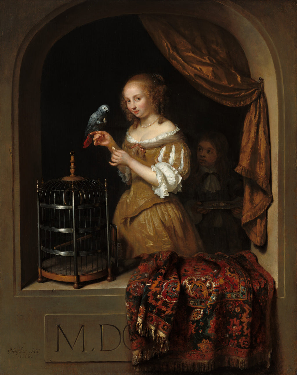 A Woman Feeding a Parrot, with a Page — Caspar Netscher (1666)