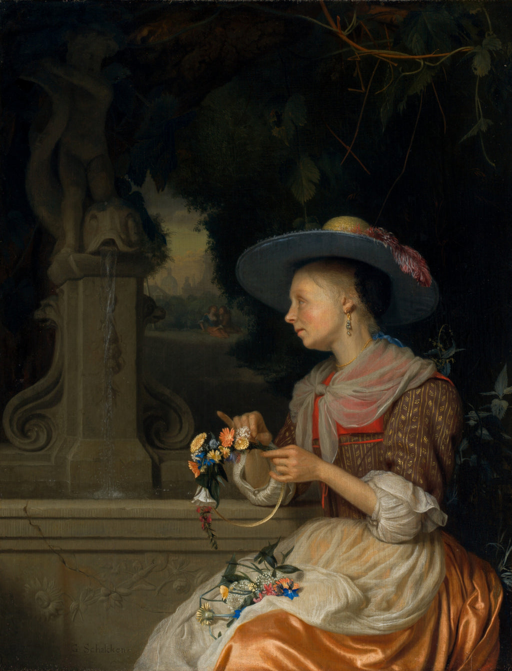 Woman Weaving a Crown of Flowers — Godefridus Schalcken (c. 1675/1680)