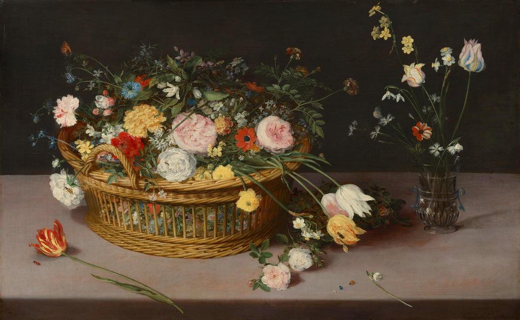 Flowers in a Basket and a Vase — Jan Brueghel the Elder (1615)