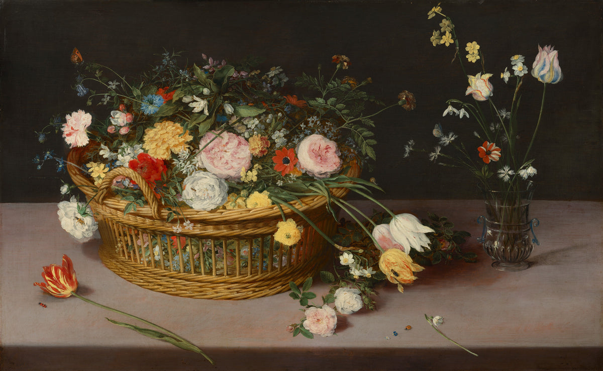 Flowers in a Basket and a Vase — Jan Brueghel the Elder (1615)