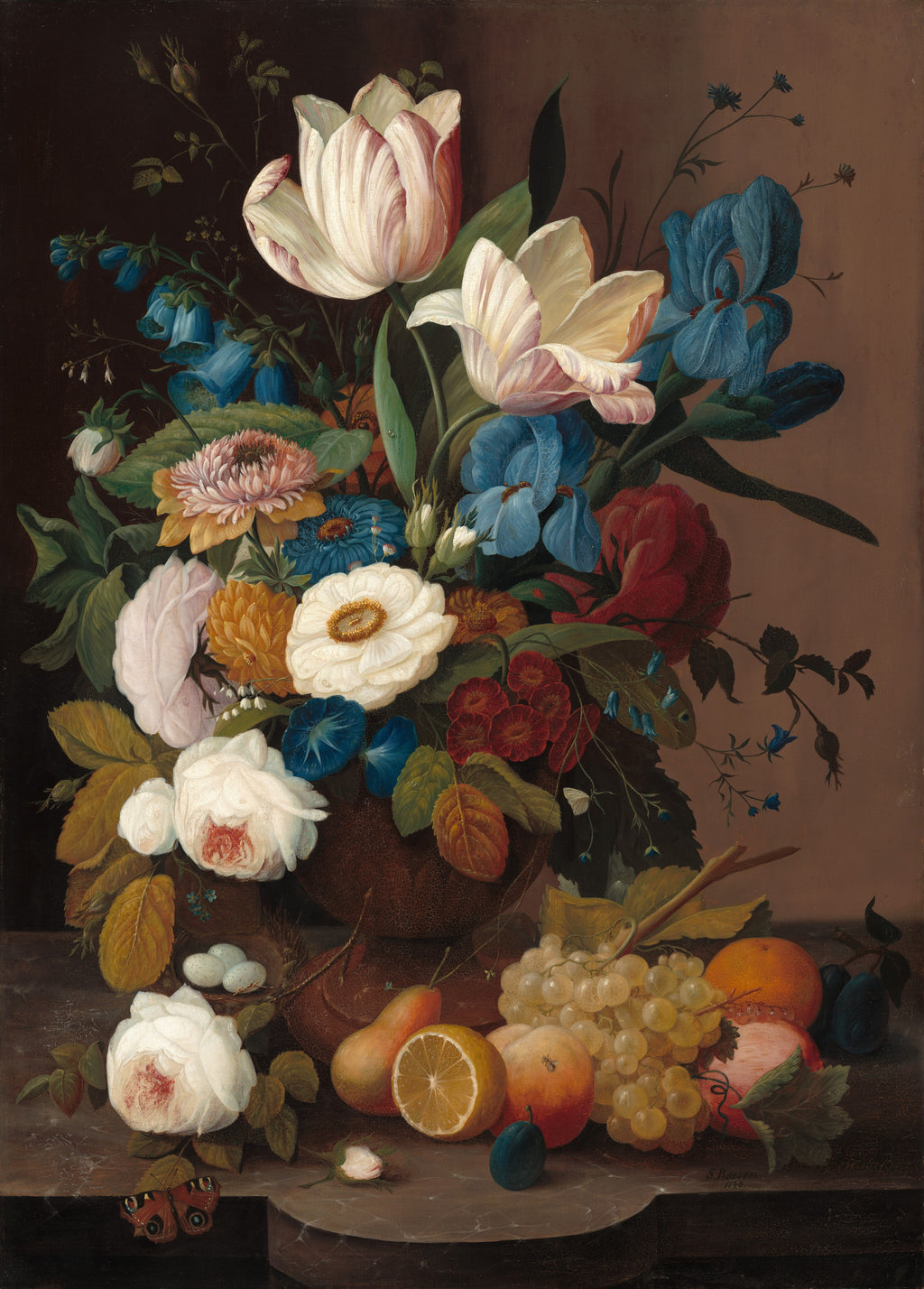 Still Life, Flowers, and Fruit — Severin Roesen (1848)