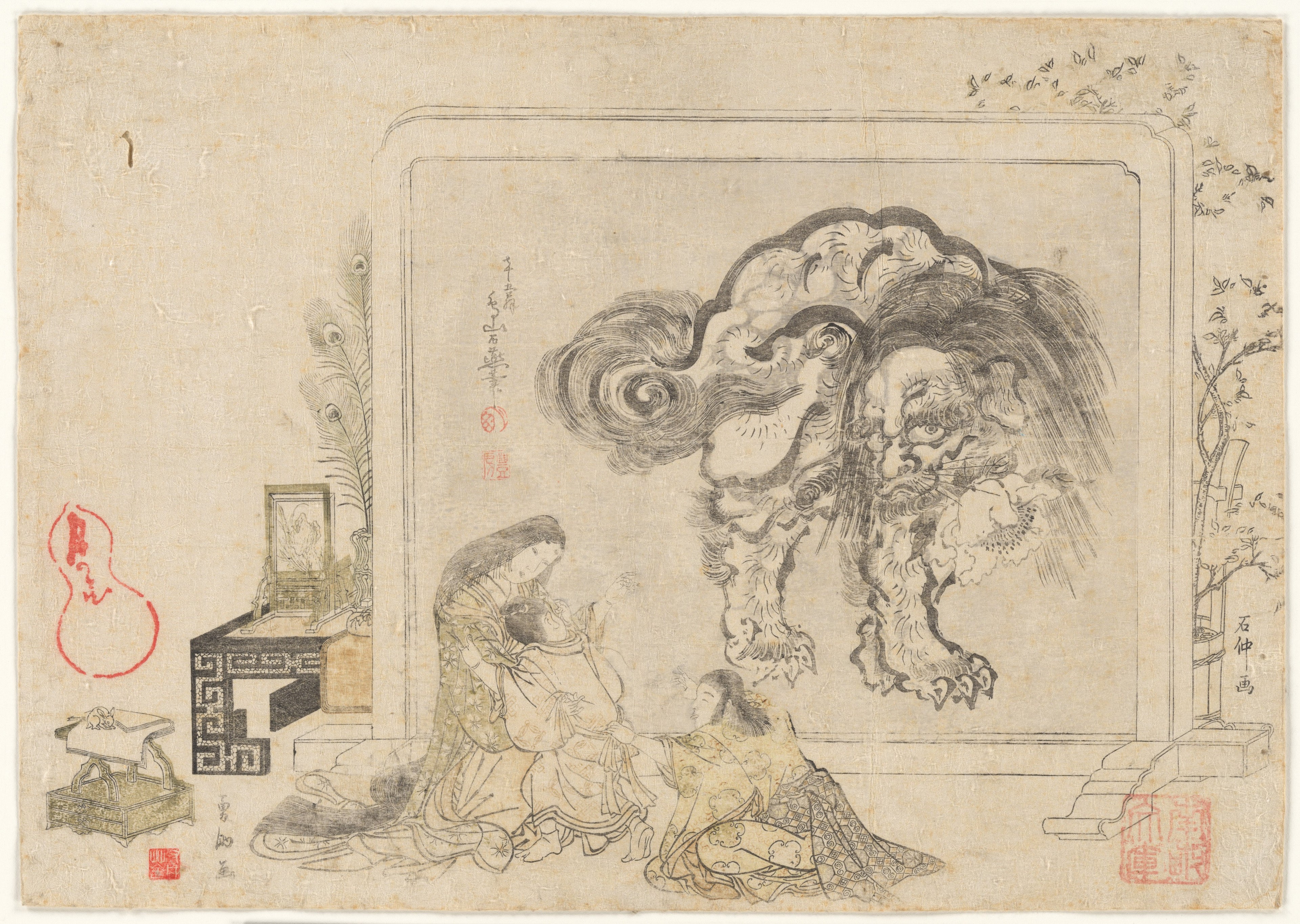 Mother and her Children in Front of a Freestanding Screen of a Chinese Lion — Utamaro (1786)